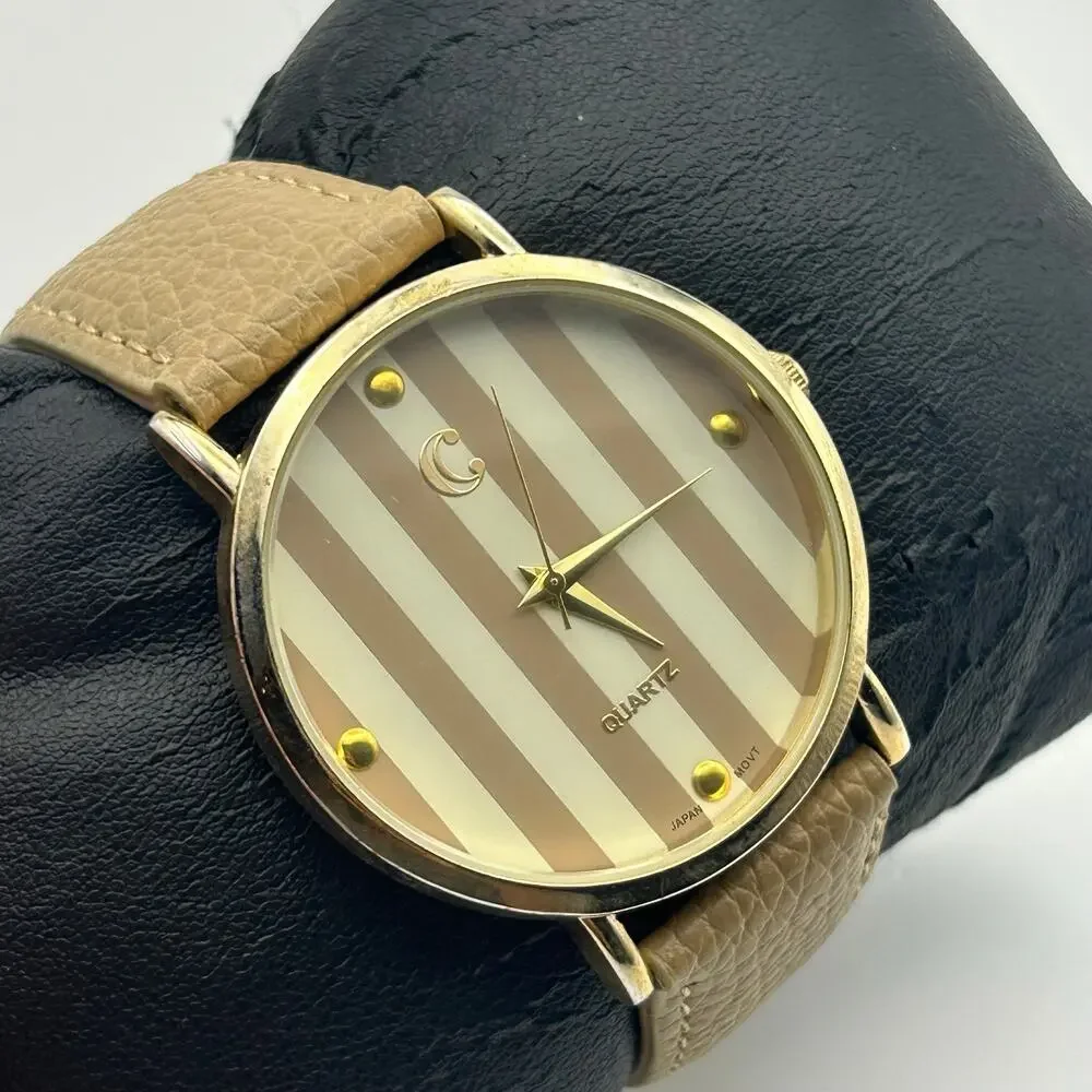 Charming Charlie Stripe Dial Women Quartz Watch Beige Leather Strap New Battery